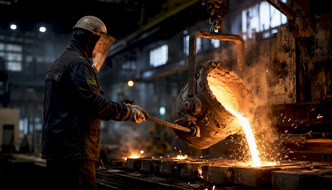 Molten steel pouring in a foundry