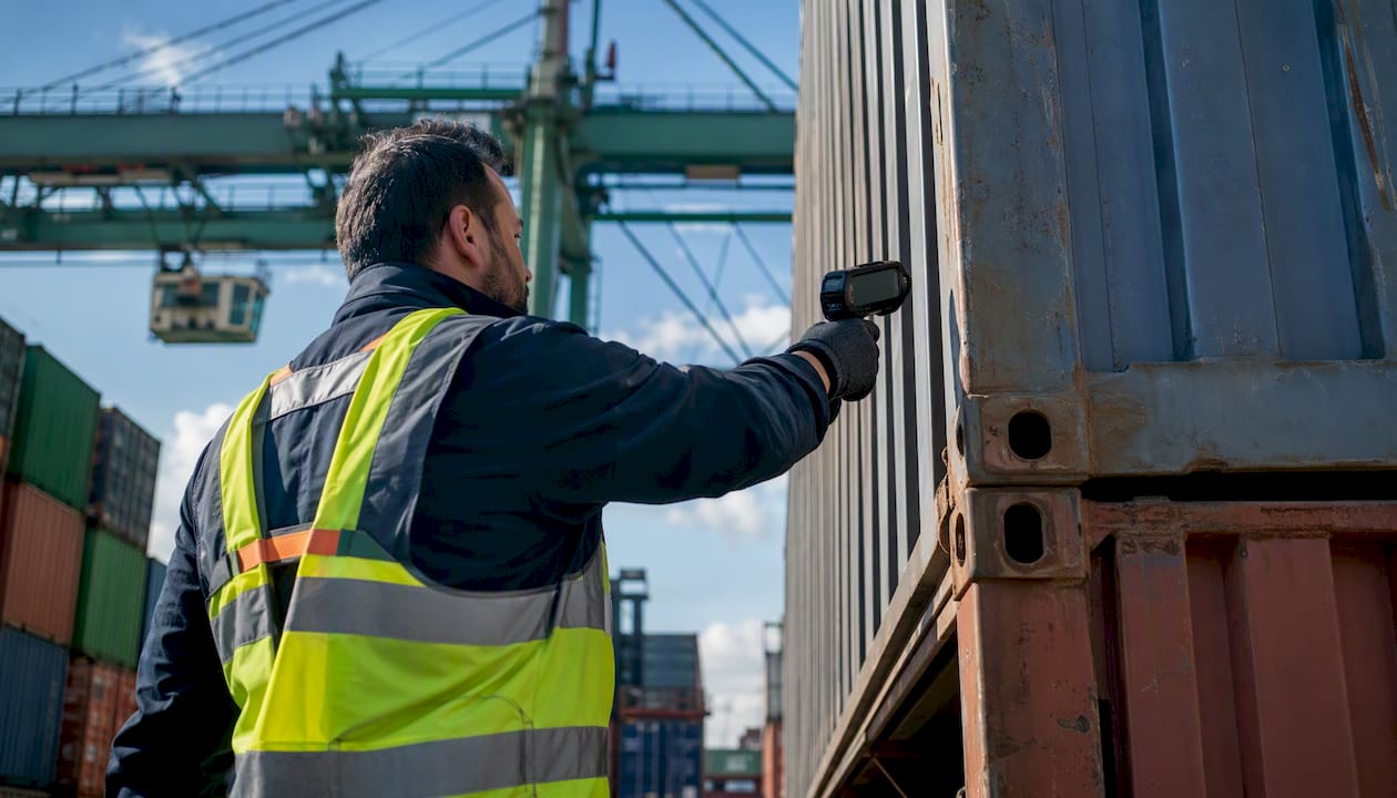 Gloved hand scanning container barcode