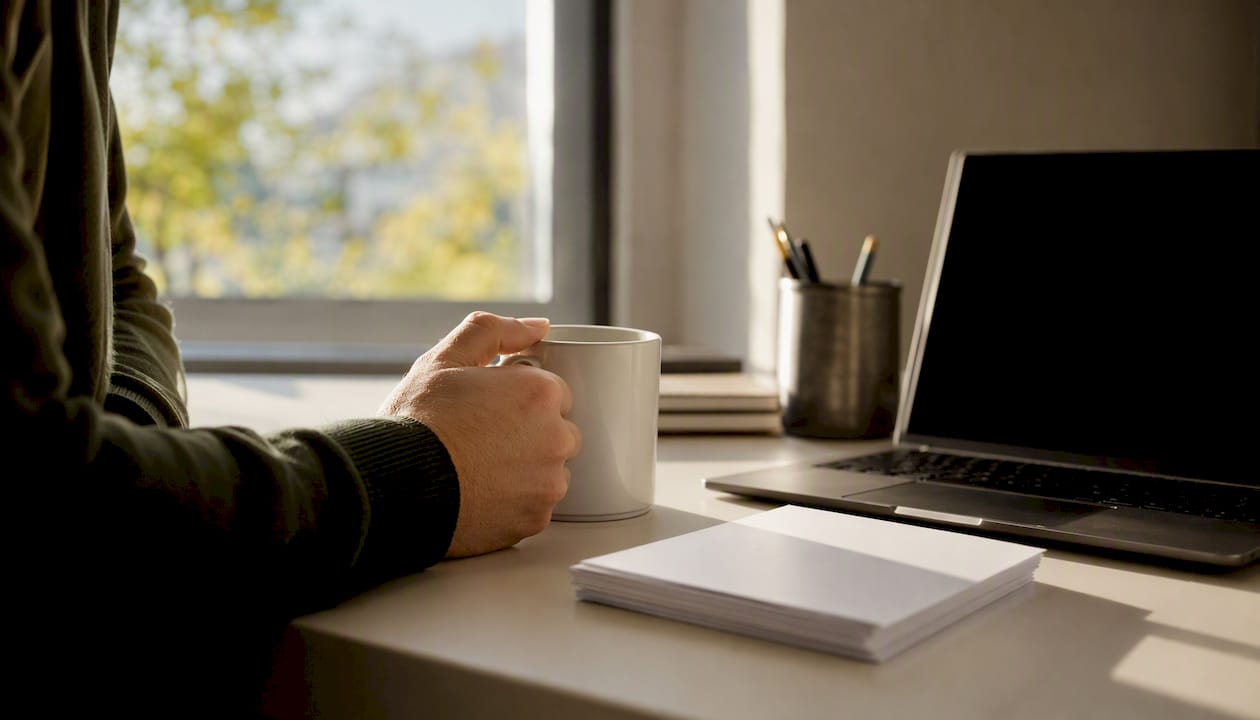 Hand holding coffee mug near laptop and empty cards