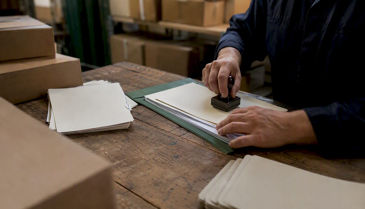 Hands stamping customs paperwork on industrial desk