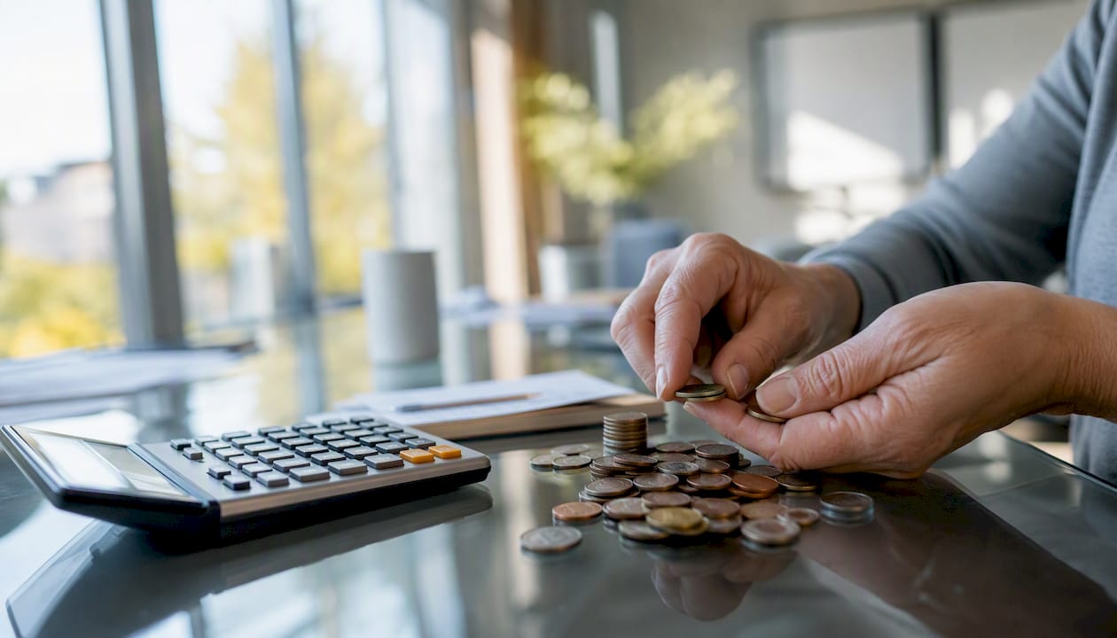 Hands counting coins near calculator on desk