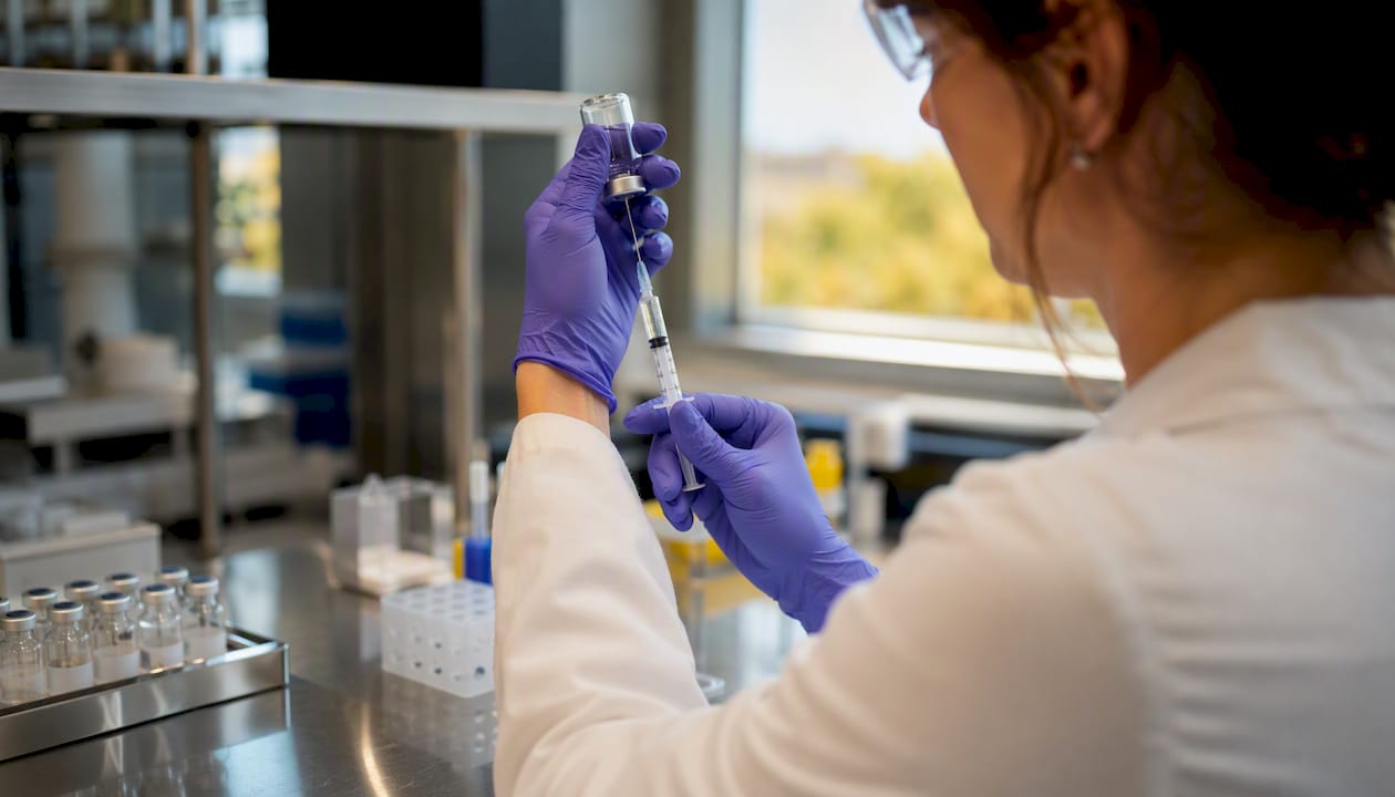Hands preparing dose in clinical trial lab