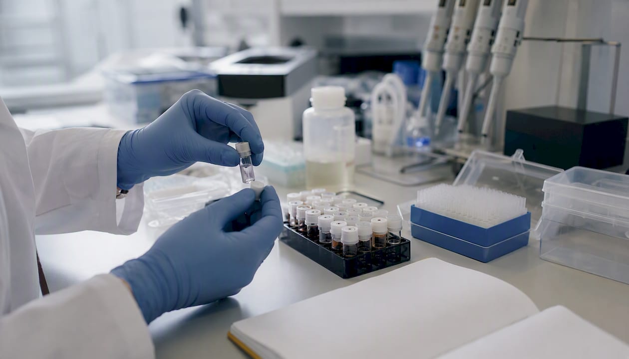 Hands handling cancer research supplies in lab