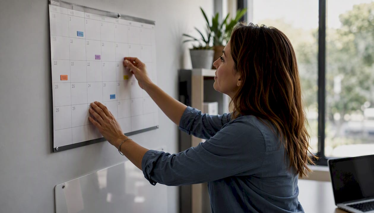 Hands adjusting calendar with grant deadlines