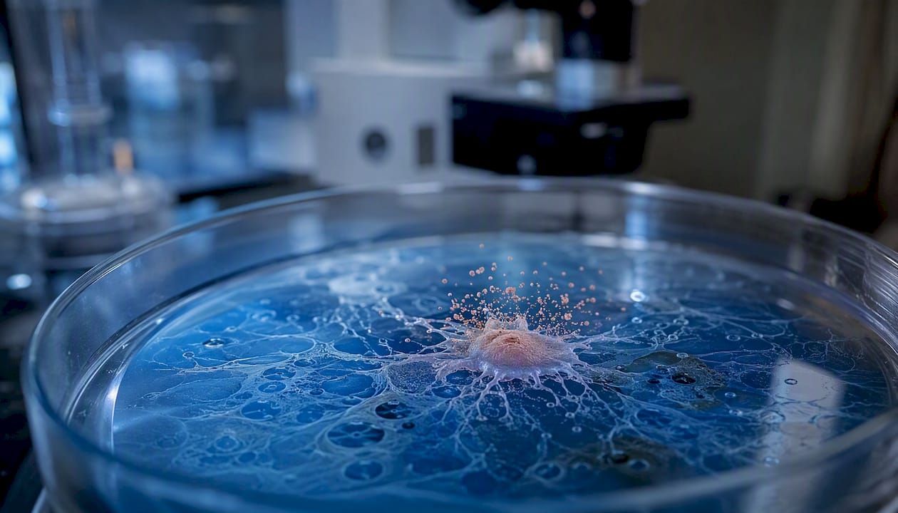 Senescent fibroblasts secreting factors under microscope