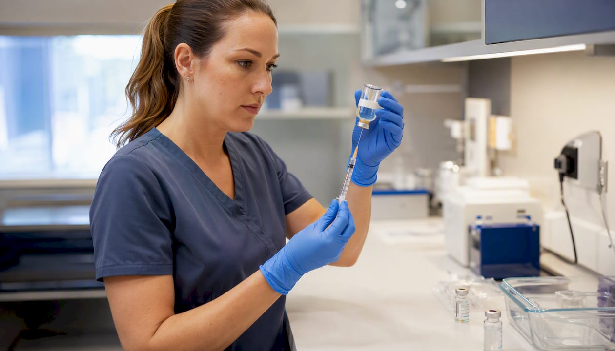 Nurse preparing syringe with clinical trial medication