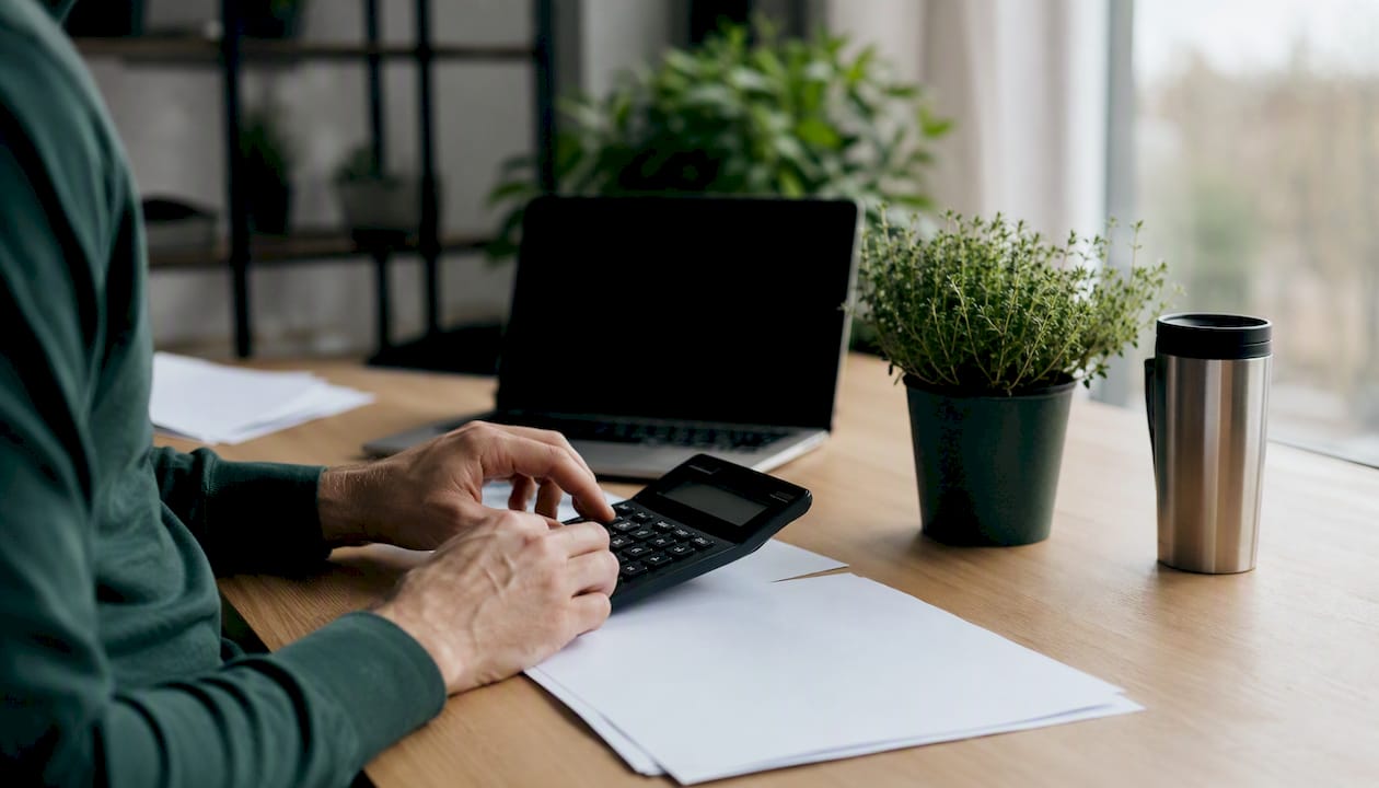 Hands using calculator for emission certificate accounting