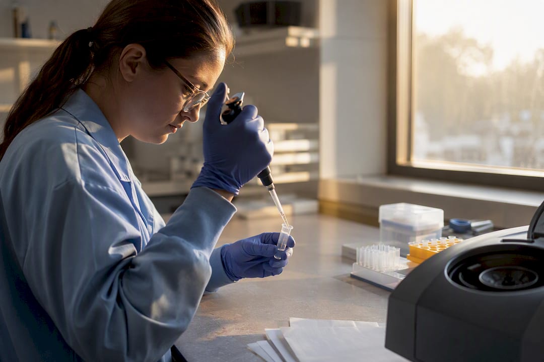 Researcher pipetting samples in cancer survivorship lab