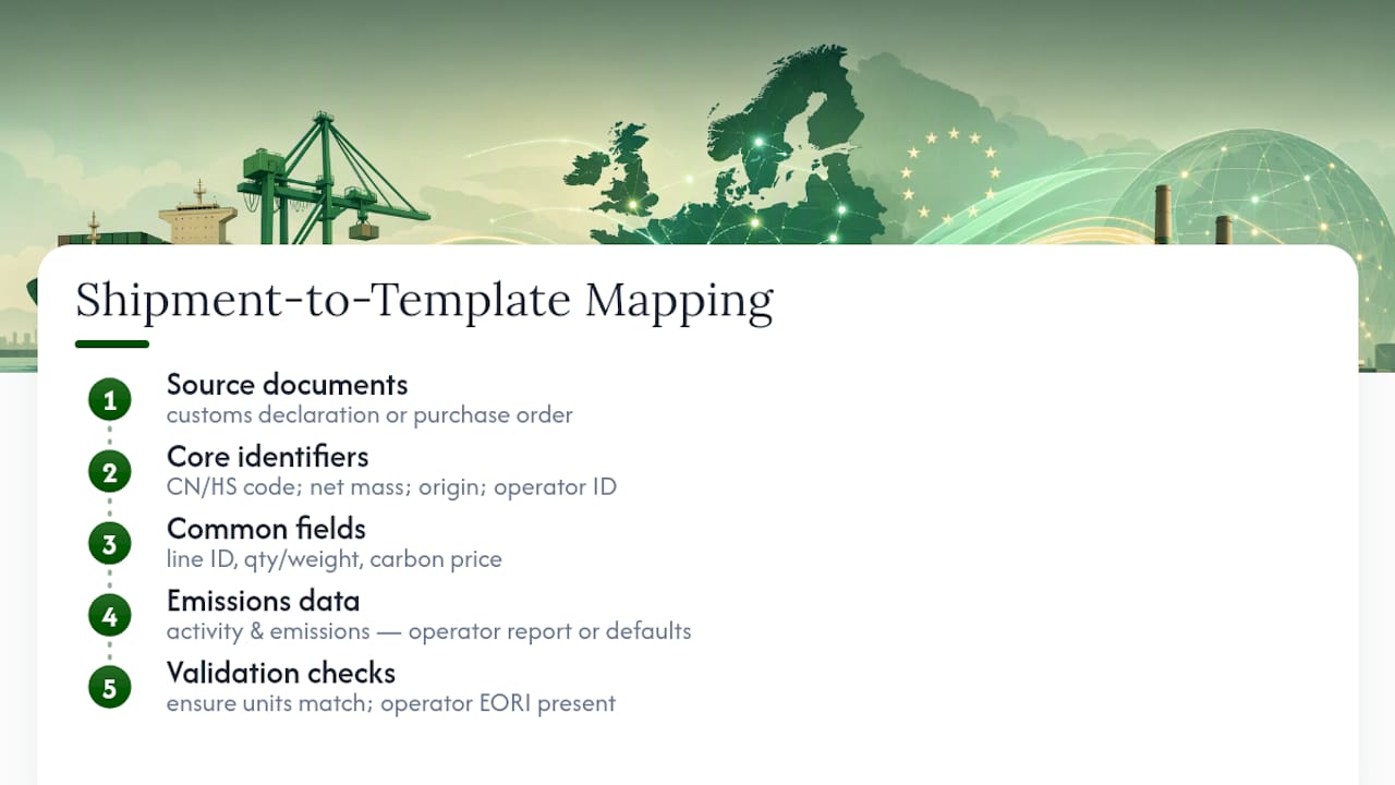 Diagram of CBAM shipment data fields and their relationships