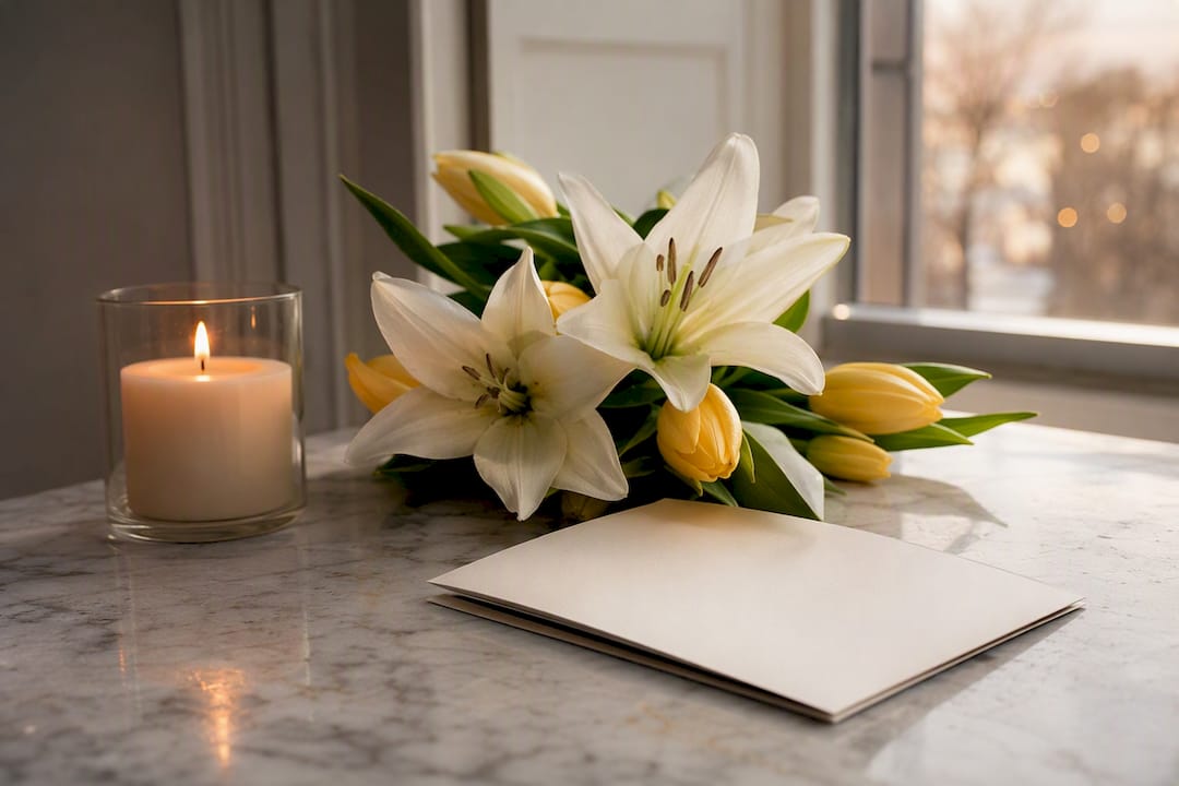 Memorial program with flowers and candle