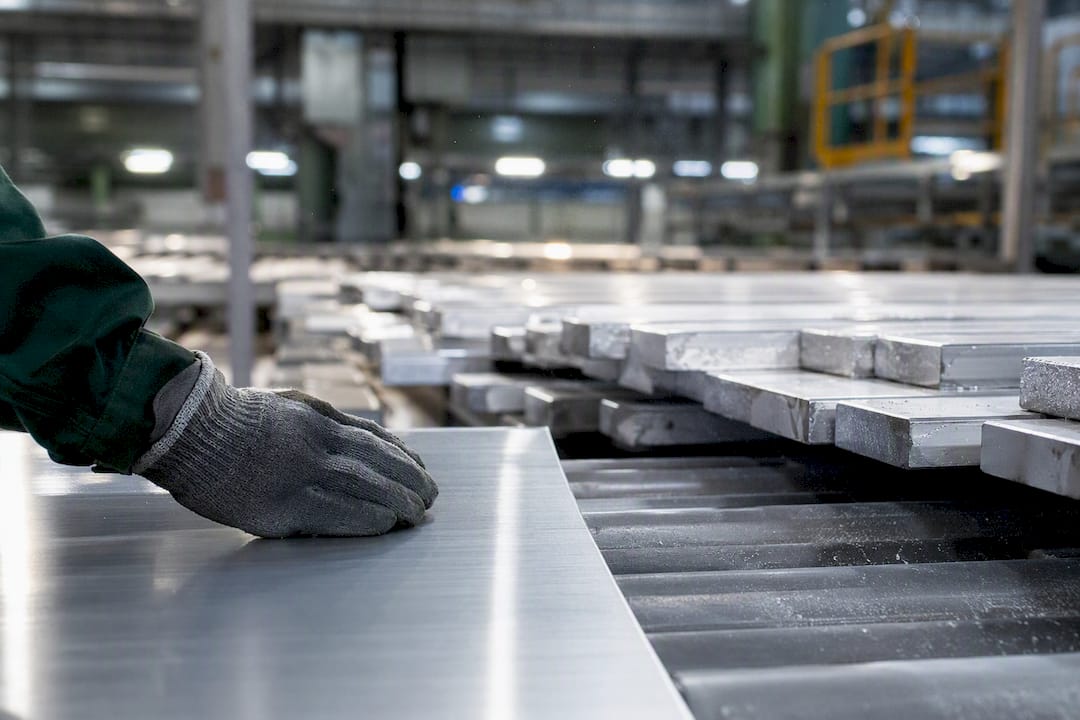 Gloved hand adjusting aluminum bar edge on conveyor