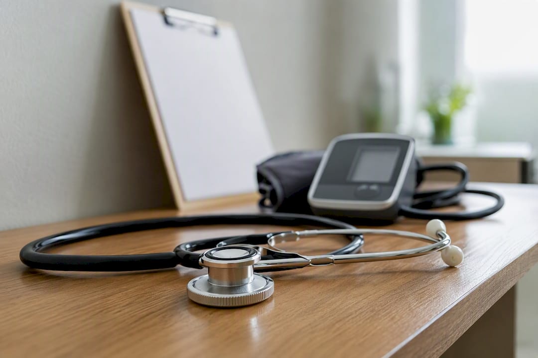 Stethoscope and blood pressure cuff on desk