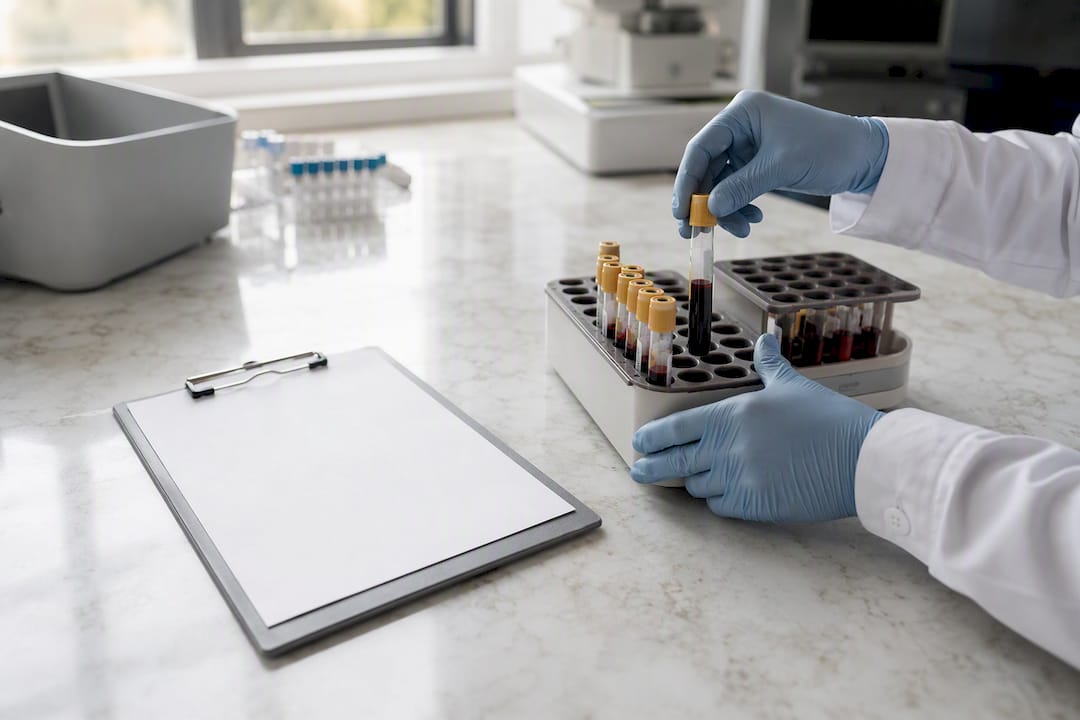 Hands placing blood samples on lab bench