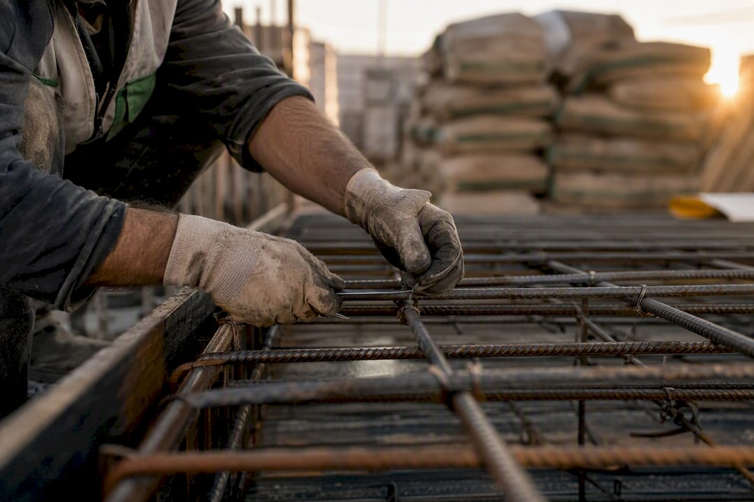 Hands adjusting steel rebar and concrete on construction site