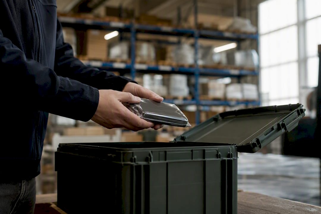 Hands placing sealed external drive in secure container