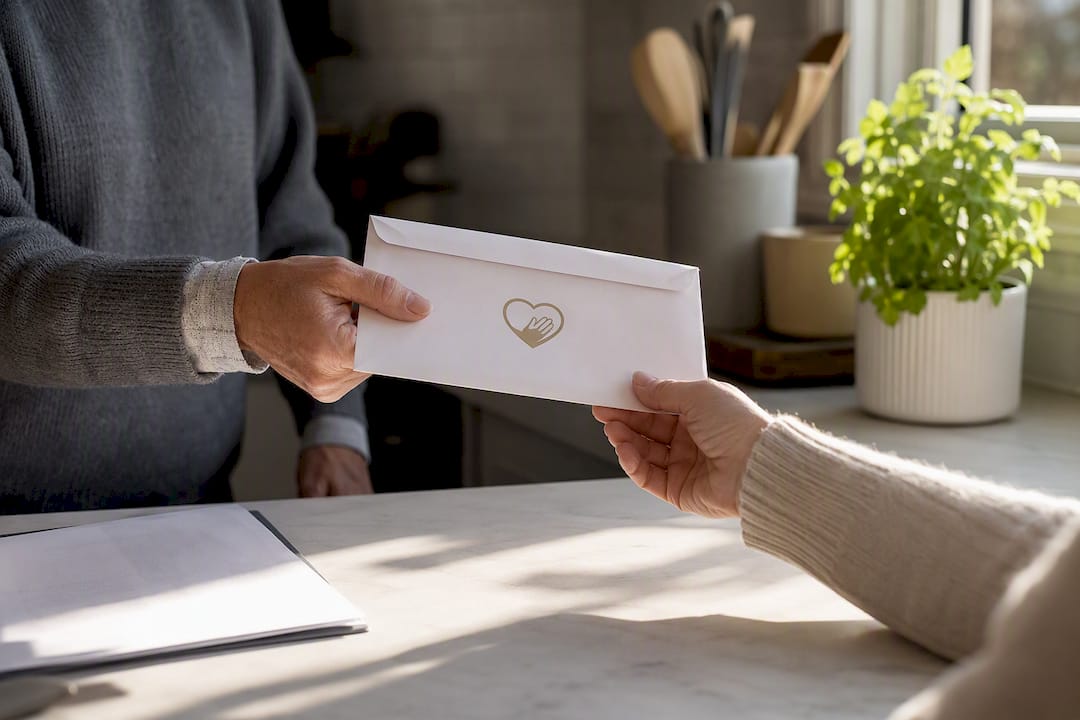 Hands handing over sealed charity payment envelope