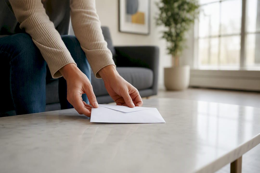 Hands placing donation envelope on table