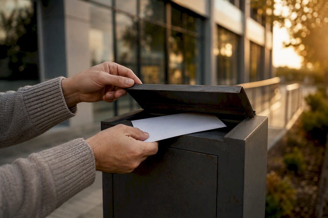 Hands placing donation envelope into box