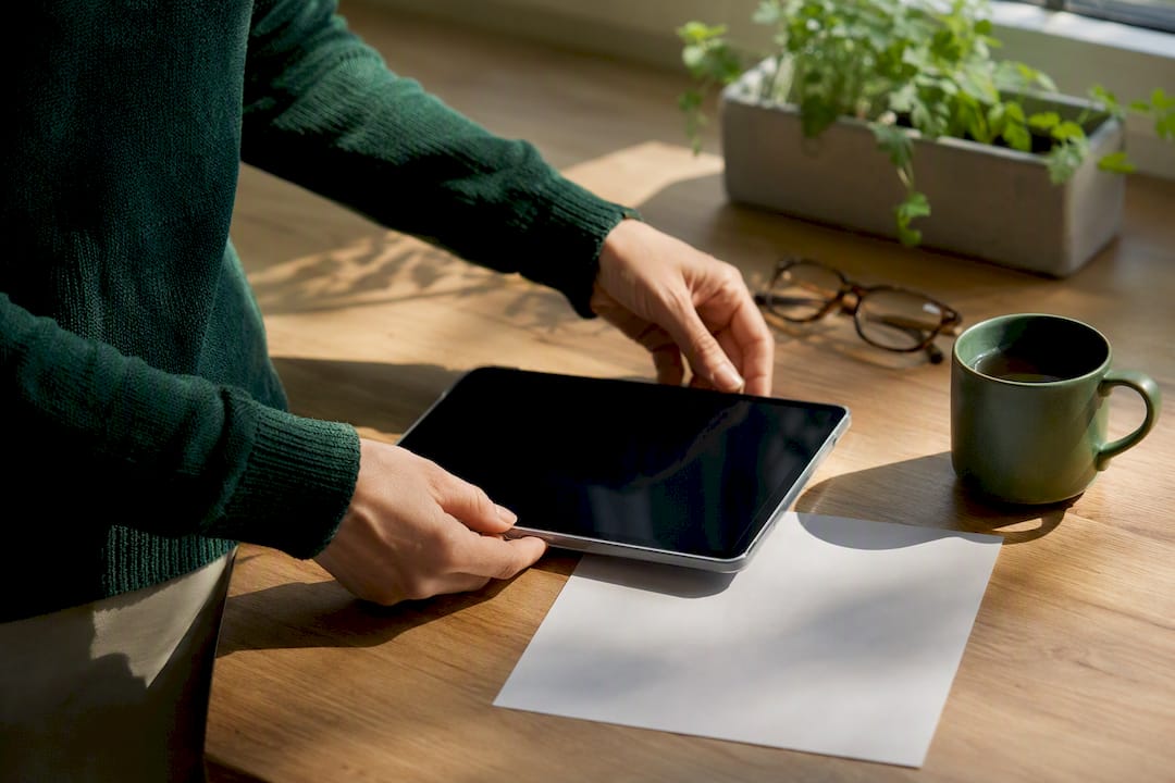 Hands placing tablet on table ready for data collection