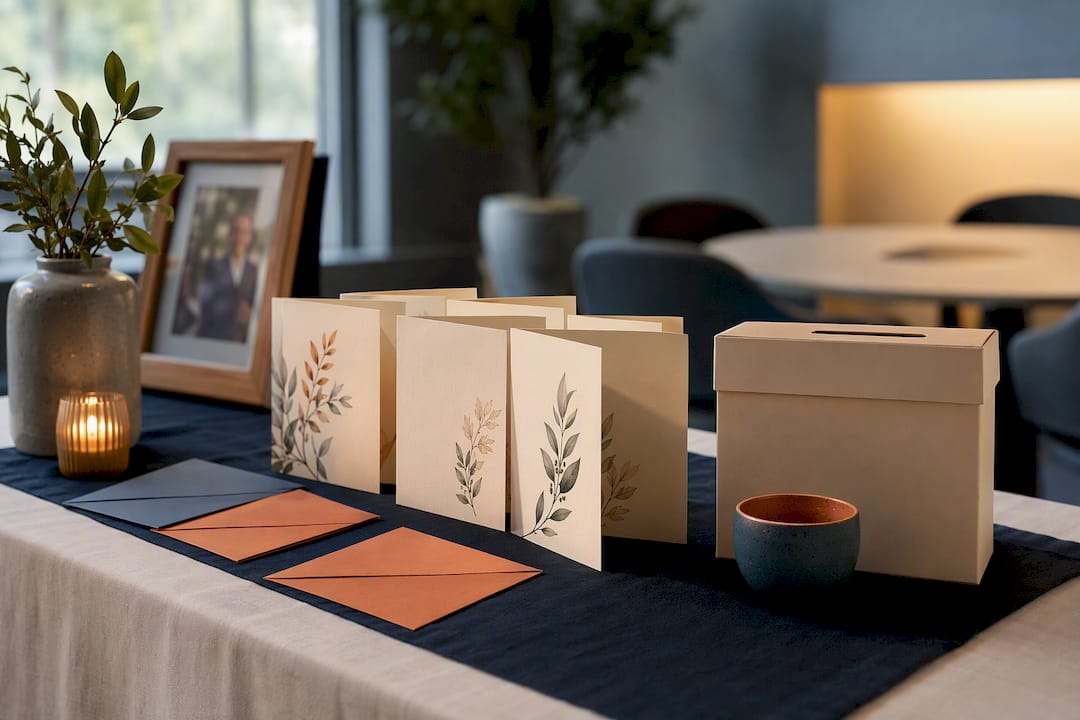 Tribute cards beside a donation box