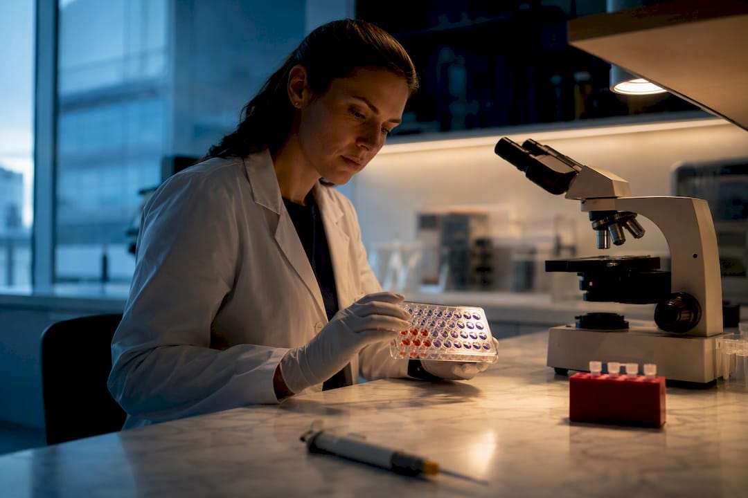 Scientist examining cancer research assay plate
