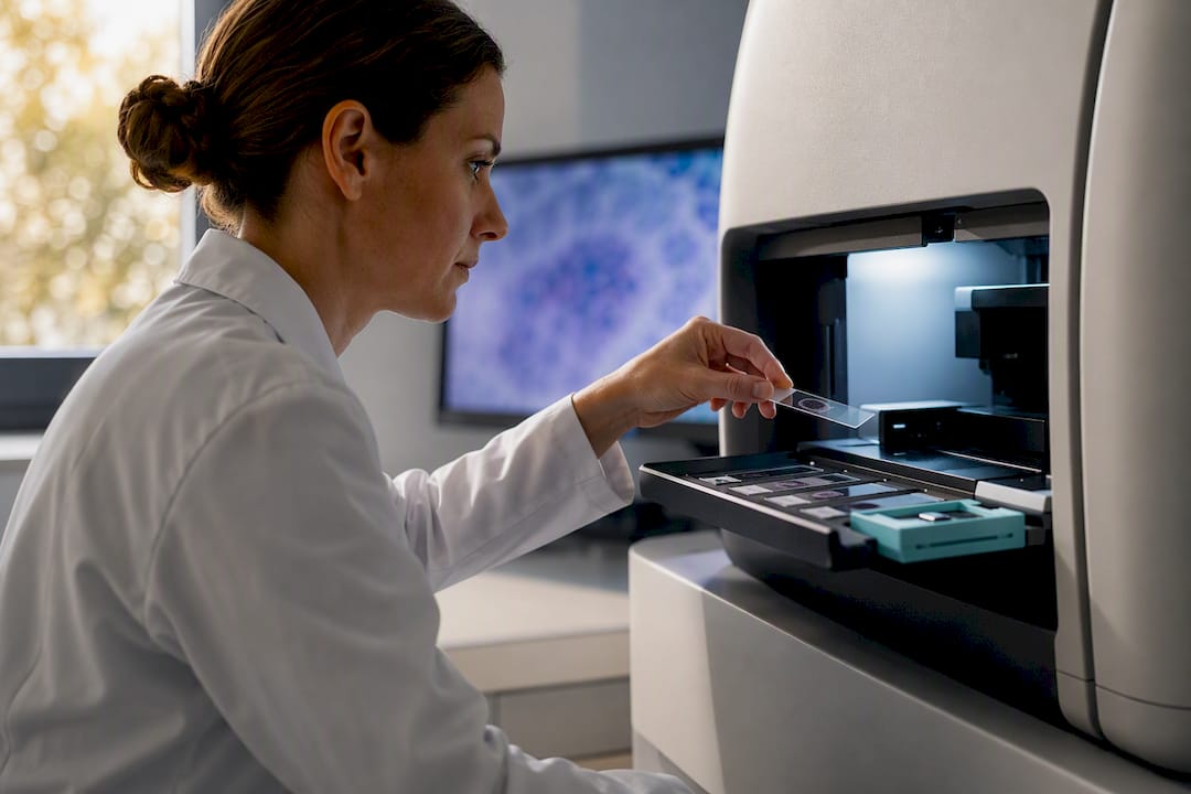 Researcher loading a pathology slide scanner