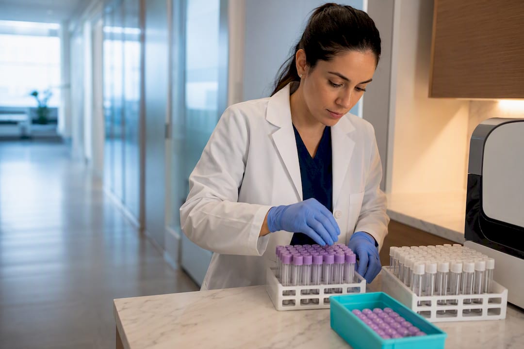 Clinical research team organizing trial specimens