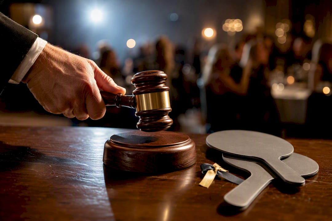 Auctioneer raising gavel beside bid paddles