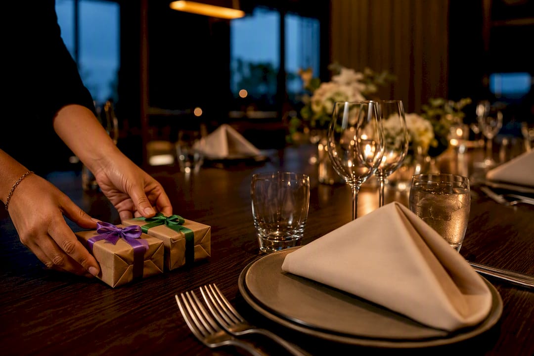 Thank-you gifts beside rehearsal dinner setting