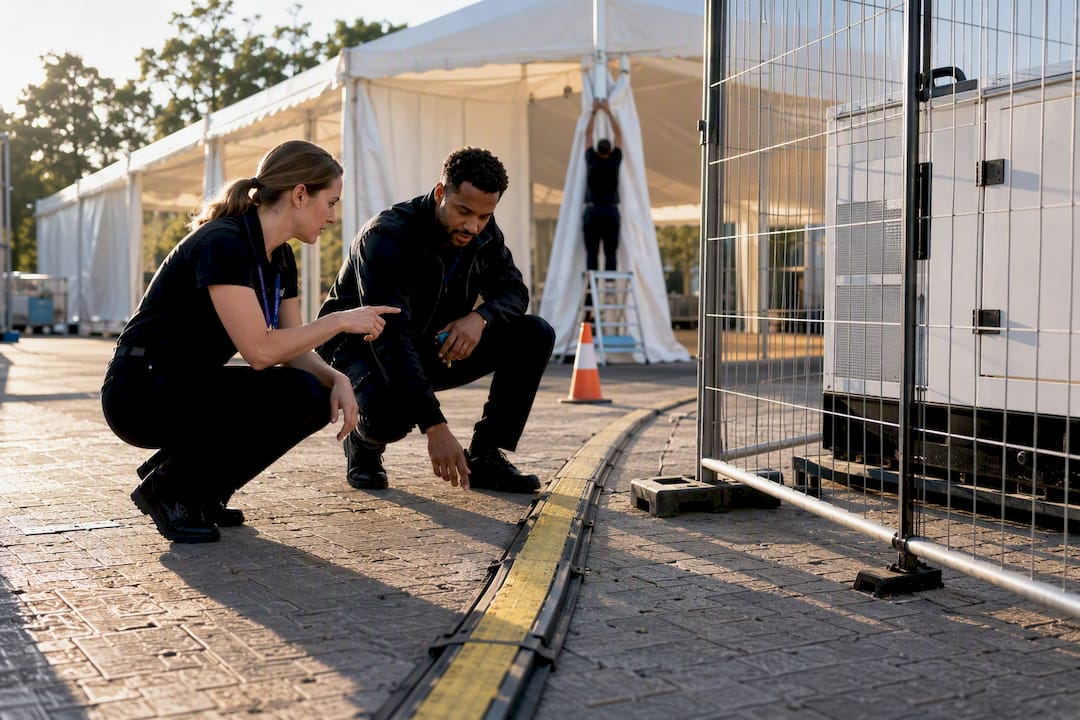 Safety officer inspecting event venue infrastructure