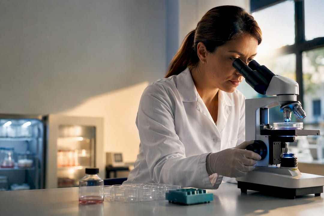 Researcher examining tumor cells in laboratory
