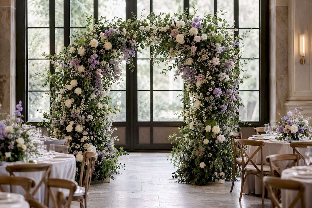 Ceremony arch and reception centerpieces