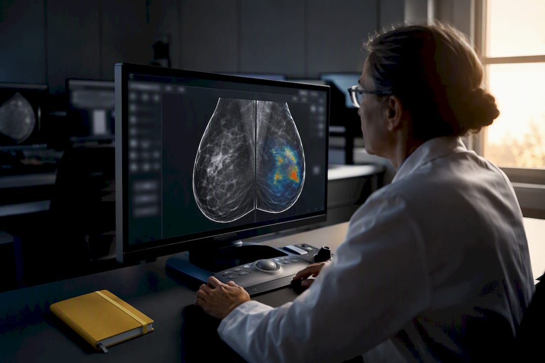 Radiologist reviewing AI-assisted mammography scan