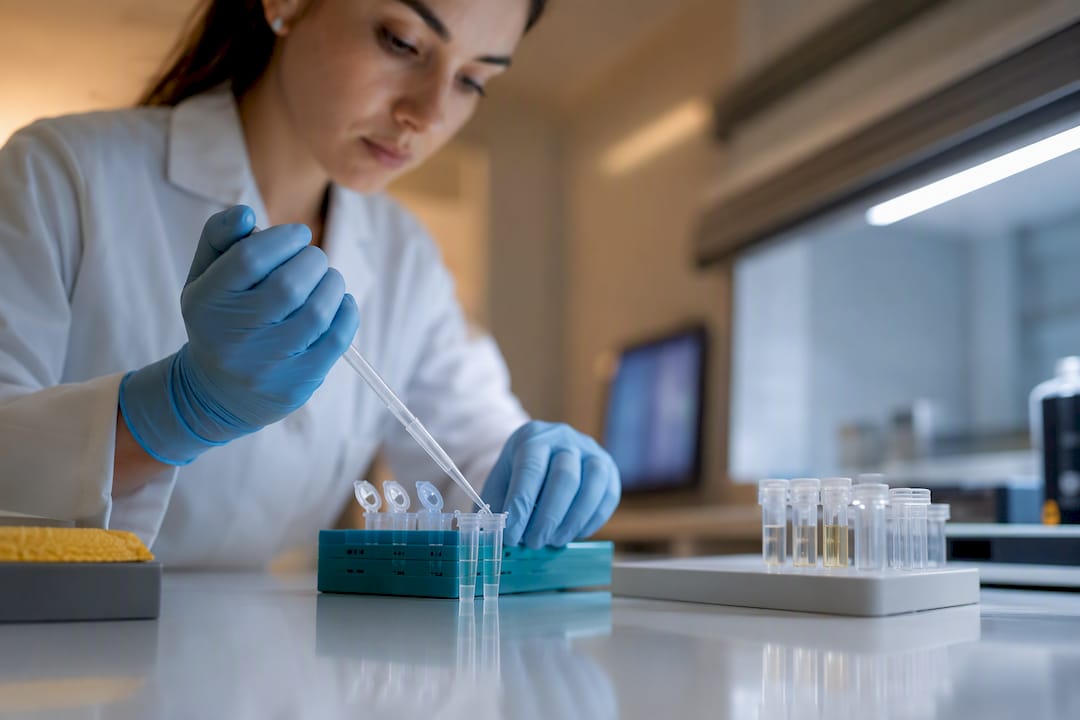 Technician transferring plasma samples in laboratory