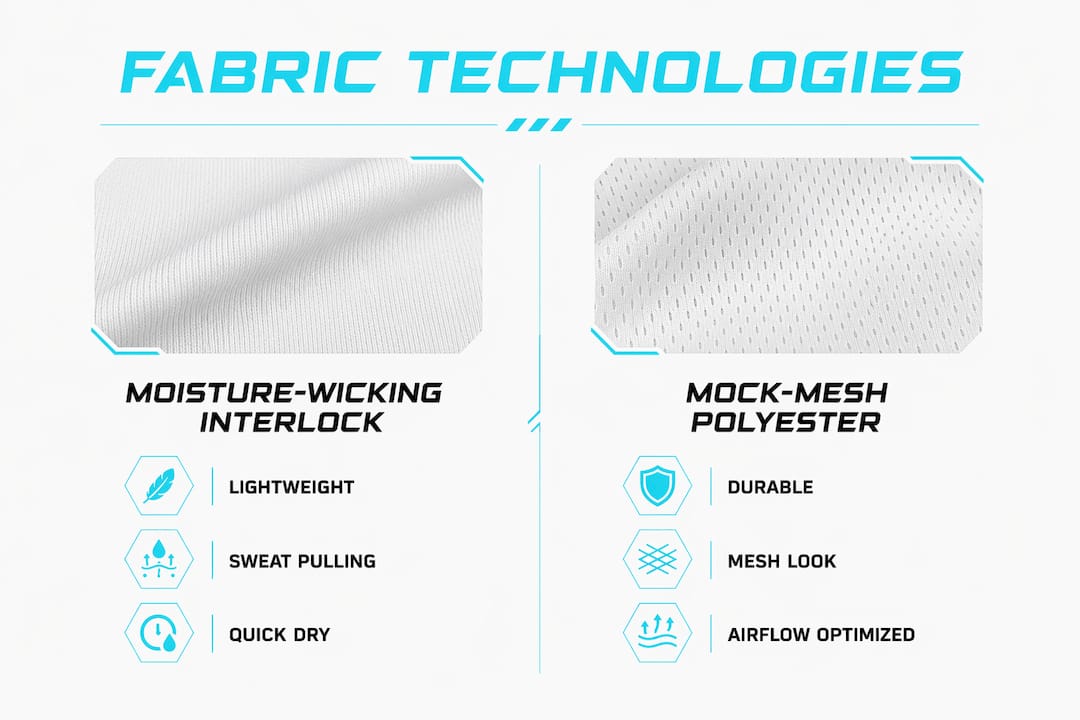Infographic comparing moisture-wicking interlock and mock-mesh polyester fabric technologies