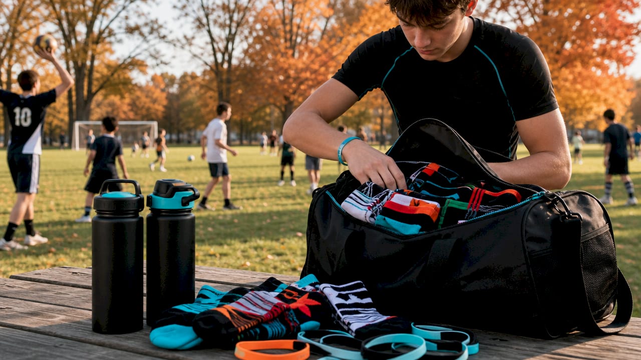 Hands packing custom sports socks into bag