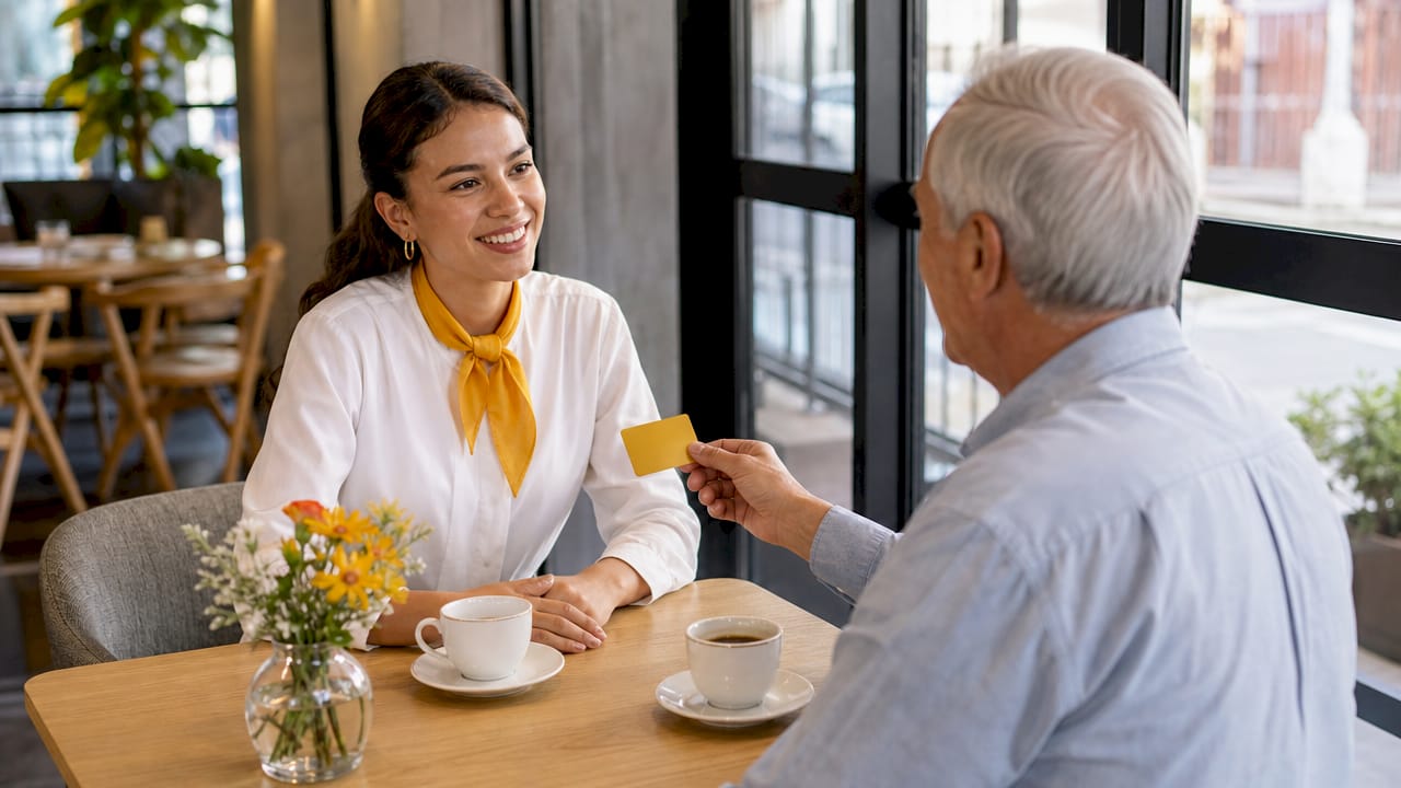 Recepcionista atendiendo a un cliente que presenta su tarjeta de fidelidad