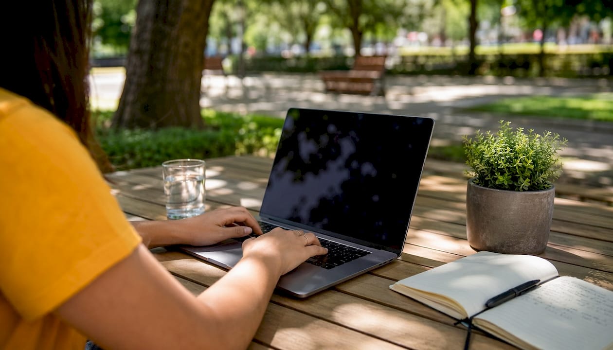 Persona trabajando con un programa de gestión en su portátil mientras disfruta de un café en una cafetería.