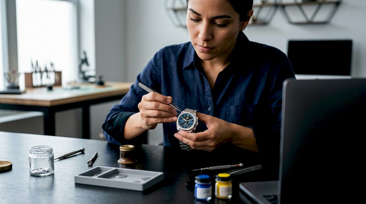 Hands inspecting custom watch dial design