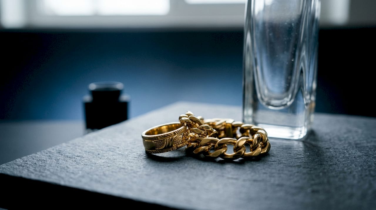 Solid 14k gold ring and bracelet on stone