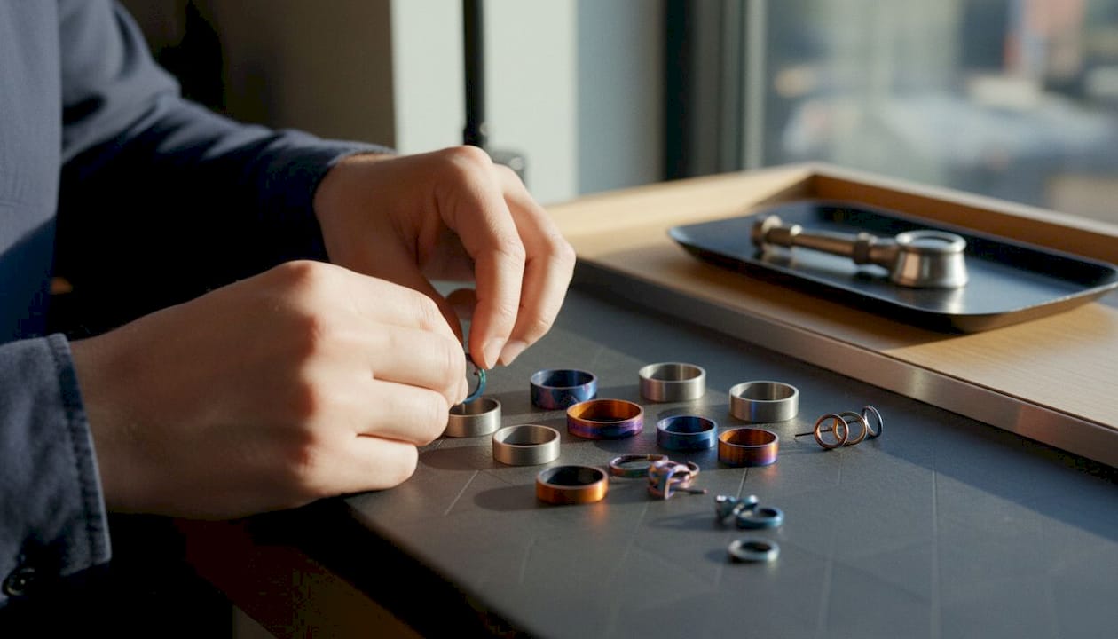 Close-up of hands arranging titanium and niobium jewelry