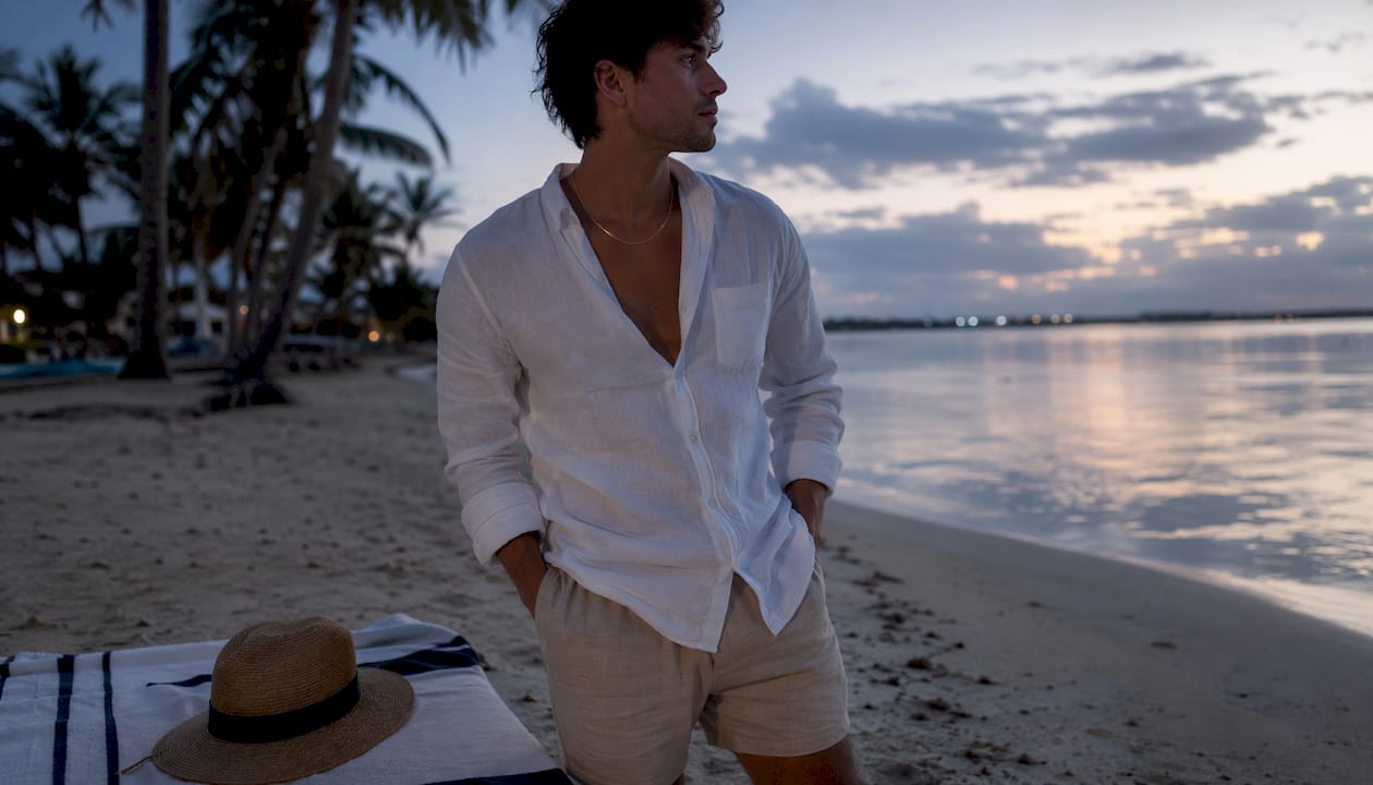 Man wearing 14K gold water resistant necklace by pool