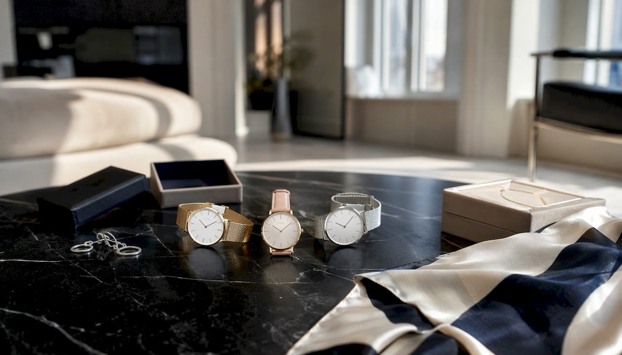Overhead view of ultra-thin women's watches on dressing table