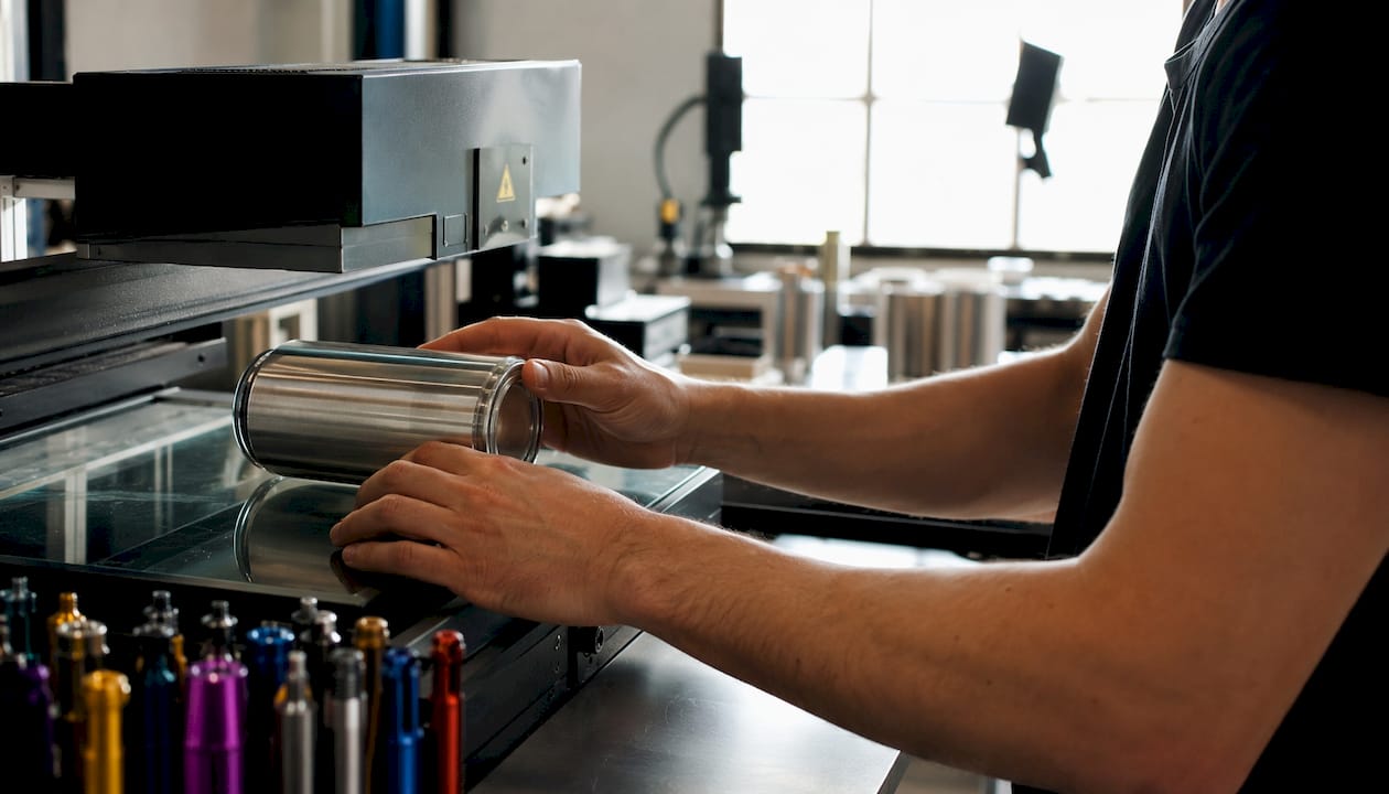 Craftsman preparing tumbler for laser engraving
