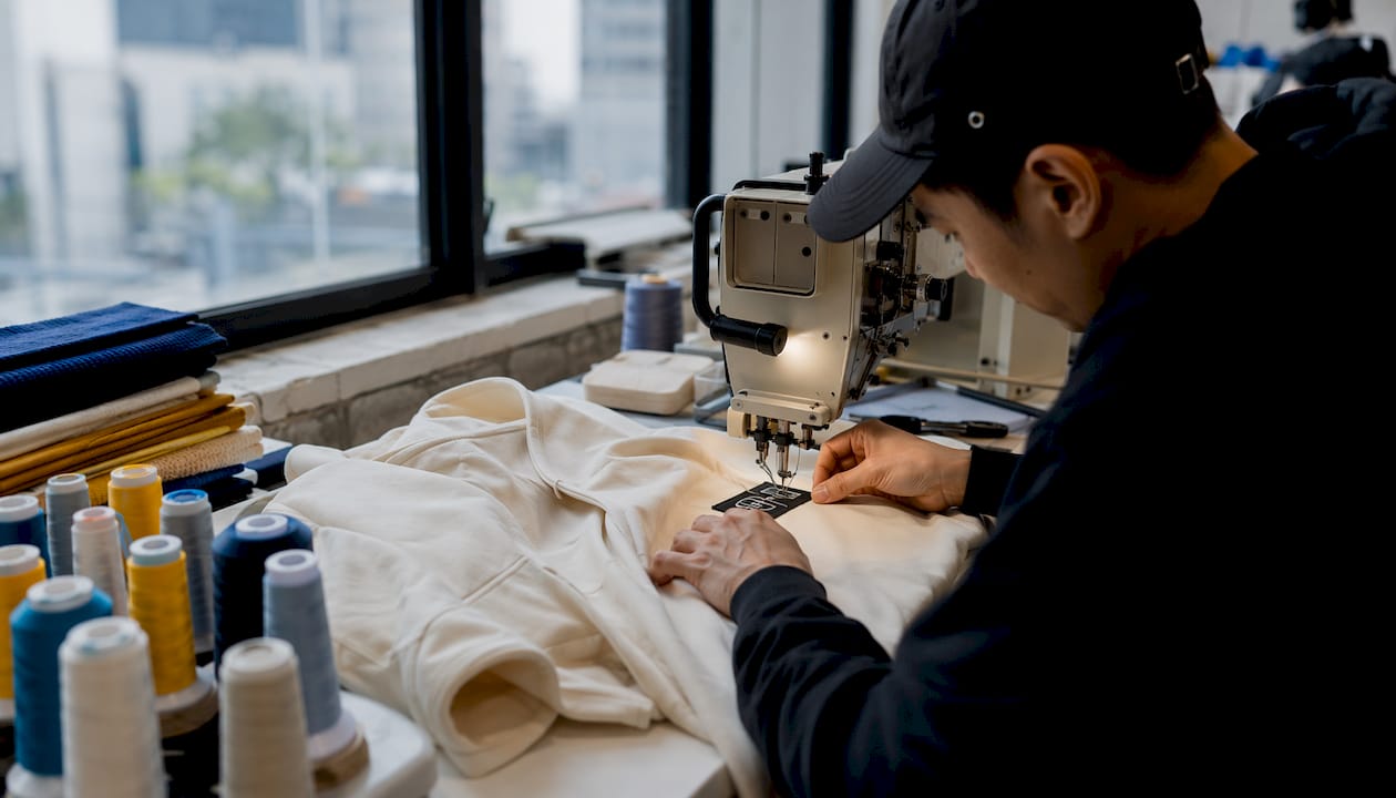Close-up of stitching branded apparel logo