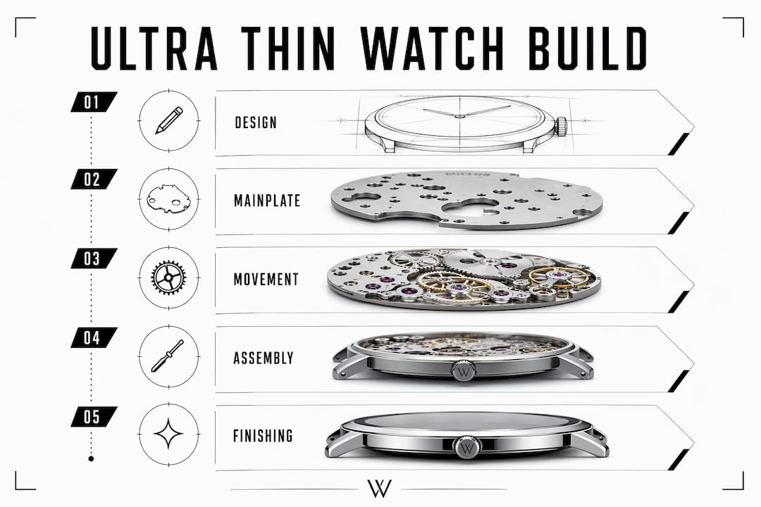 Infographic showing ultra thin watch building stages with key steps