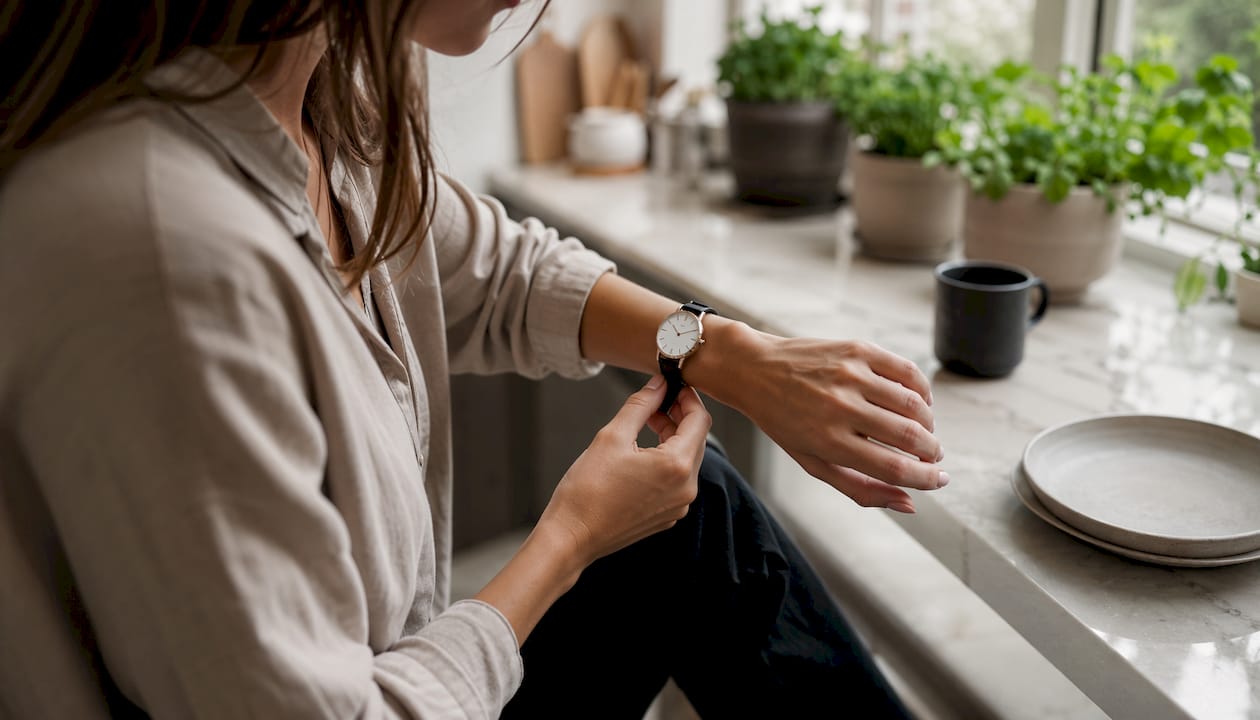 Hands adjusting strap of 30mm watch on slender wrist