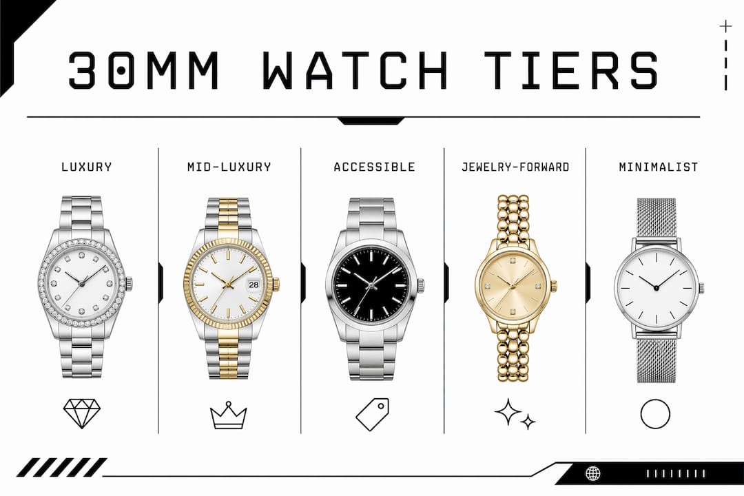 Infographic displaying ranked tiers of 30mm women's watches