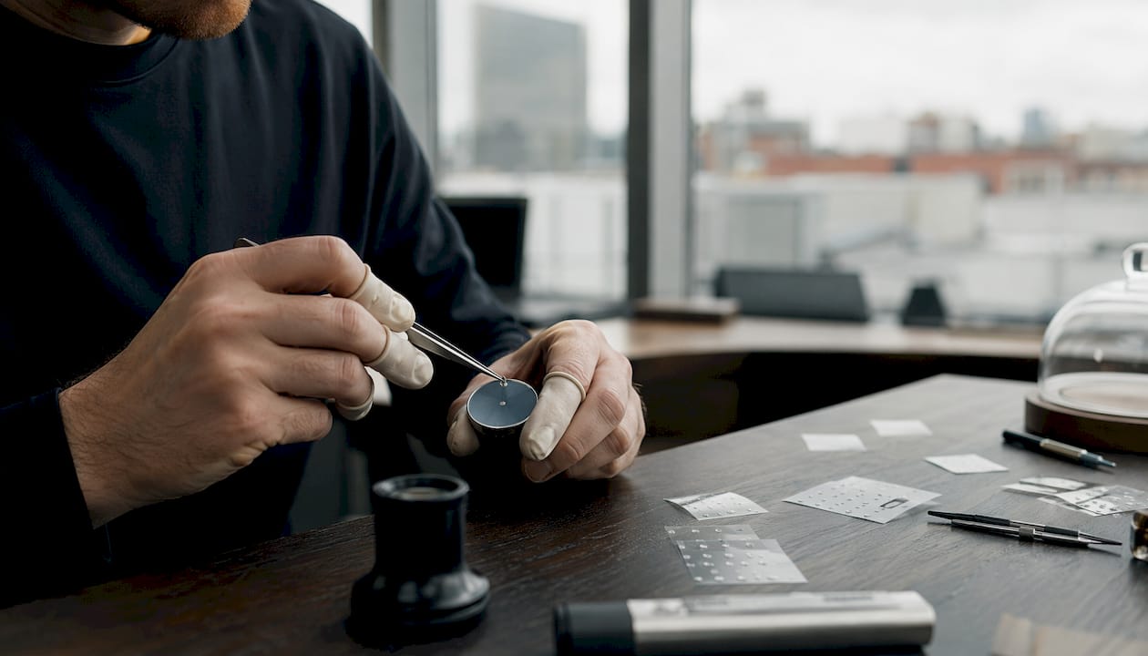 Hands applying metal decal on watch dial