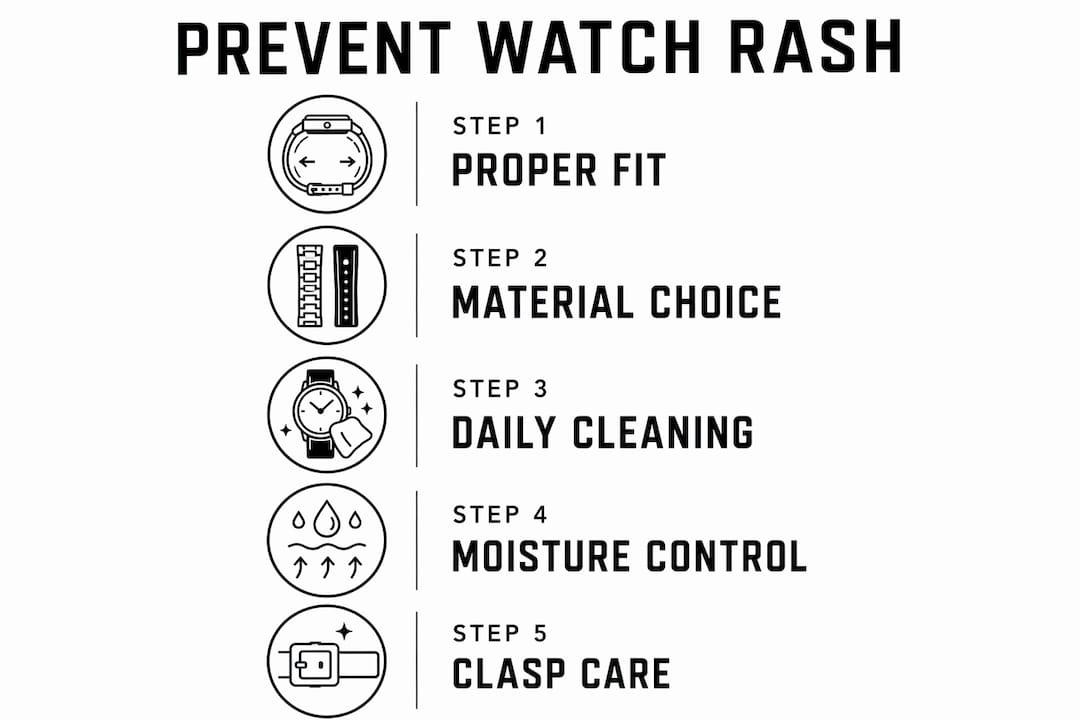 Infographic showing step-by-step watch rash prevention tips